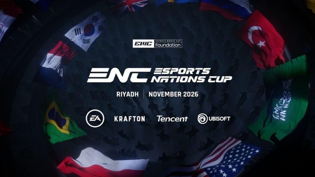 Esports Nations Cup 2026 promotional stage featuring global national teams competing in esports under country flags
