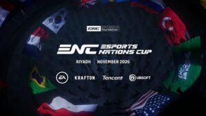 Esports Nations Cup 2026 promotional stage featuring global national teams competing in esports under country flags