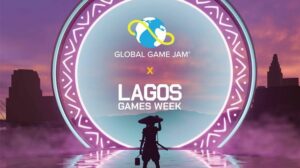 African game developers collaborating during the Pan-African Game Jam 2026 with laptops, game art, and creative brainstorming sessions