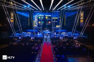 Counter-Strike 2 esports tournament stage with players competing at IEM Atlanta 2026 in a packed arena