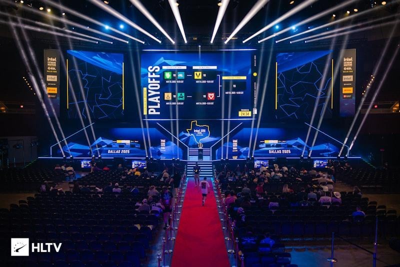 Counter-Strike 2 esports tournament stage with players competing at IEM Atlanta 2026 in a packed arena